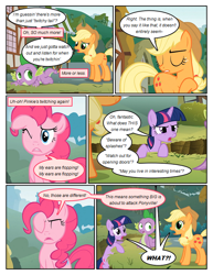 Size: 612x792 | Tagged: safe, artist:newbiespud, derpibooru import, edit, edited screencap, screencap, applejack, pinkie pie, spike, twilight sparkle, unicorn twilight, dragon, earth pony, pony, unicorn, comic:friendship is dragons, annoyed, comic, dialogue, exclamation point, eyes closed, female, freckles, hat, implied fluttershy, interrobang, male, mare, offscreen character, one eye closed, question mark, screencap comic, wink