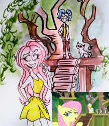 Size: 2848x3281 | Tagged: safe, artist:citi, screencap, angel bunny, doctor fauna, fluttershy, human, raccoon, she talks to angel, body swap, humanized, not fluttershy, scene interpretation, screencap reference, traditional art