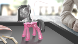 Size: 1920x1080 | Tagged: safe, artist:amarthgul, derpibooru import, pinkie pie, pony, atg 2019, drinking straw, food, french fries, glass pony, newbie artist training grounds, pinkamena diane pie, solo, species swap, tray, wat