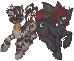 Size: 1464x1200 | Tagged: safe, artist:andras, oc, oc only, oc:night sabre, oc:tapiwa, bat pony, pony, zebra, 2020 community collab, bat pony oc, derpibooru community collaboration, female, simple background, transparent background, zebra oc