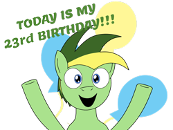 Size: 1032x775 | Tagged: safe, artist:didgereethebrony, oc, oc:didgeree, pegasus, pony, balloon, birthday, blue eyes, celebration, dialogue, looking at you, pinkie pie's cutie mark, simple background, solo, text, transparent background