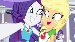 Size: 1280x720 | Tagged: safe, screencap, applejack, rarity, better together, camping must-haves, equestria girls