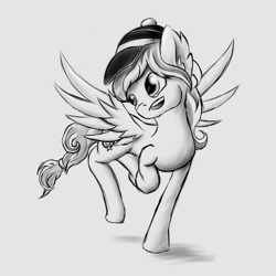 Size: 2000x2000 | Tagged: safe, artist:tunrae, oc, oc:denna jet, pegasus, pony, digital art, female, hat, on one hoof, request, sketch, solo, spread wings, wings