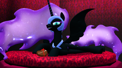 Size: 1920x1080 | Tagged: safe, artist:feuerrader-nmm, nightmare moon, pony, 3d, box of chocolates, prone, solo