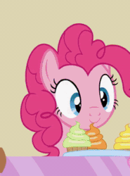 Size: 224x302 | Tagged: safe, artist:agrol, pinkie pie, earth pony, pony, :i, animated, counter, cropped, cupcake, female, food, gif, glare, head shake, implied rainbow dash, implied twilight sparkle, looking at someone, make it a surprise, mare, mlp fim's ninth anniversary, no, nope, pinkie pie is not amused, reaction image, solo, sugarcube corner, unamused