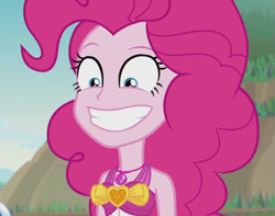 Size: 1371x1080 | Tagged: safe, screencap, pinkie pie, better together, equestria girls, friendship math, beach, clothes, cropped, faic, female, geode of sugar bombs, grin, magical geodes, outdoors, ponk, smiling, solo, swimsuit, wide eyes