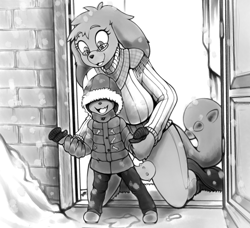 Size: 2194x2000 | Tagged: safe, artist:replica, oc, oc only, oc:chalk, anthro, diamond dog, digitigrade anthro, adorasexy, child, cute, glasses, grayscale, monochrome, sexy, snow, snowfall, winter