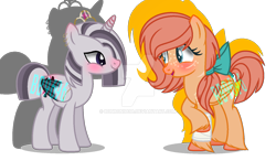 Size: 1170x683 | Tagged: safe, artist:bonbon9696, oc, oc:princess zace, oc:sweet apple, alicorn, hybrid, pegasus, pony, zony, base used, deviantart watermark, duo, female, interspecies offspring, magical lesbian spawn, mare, next generation, obtrusive watermark, offspring, parent:big macintosh, parent:fluttershy, parent:twilight sparkle, parent:zecora, parents:fluttermac, parents:twicora, simple background, watermark