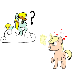 Size: 768x768 | Tagged: safe, artist:crystal wishes, derpibooru exclusive, oc, oc:writer rhyme, pegasus, pony, unicorn, aura, cloud, cute, female, grin, happy, heart, ibispaint x, levitation, magic, male, mare, paper, question mark, raised hoof, simple background, sitting, smiling, stallion, telekinesis