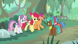 Size: 1920x1080 | Tagged: safe, screencap, apple bloom, biscuit, scootaloo, spur, sweetie belle, pony, growing up is hard to do, cutie mark crusaders, older