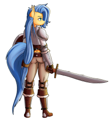 Size: 1674x1839 | Tagged: safe, artist:ikarooz, oc, oc:shadow chisel, anthro, female, knight, mare, simple background, solo, sword, weapon