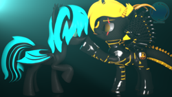 Size: 3840x2160 | Tagged: safe, artist:technickarts, oc, oc only, oc:phoenix stardash, oc:sapphire light, alicorn, bat pony, dracony, hybrid, 3d, alicorn oc, bat pony oc, boop, cute, dracony alicorn, duo, eye scar, raised hoof, scar, silly, slit eyes, source filmmaker, spikes, tongue out, volumetric light, watermark