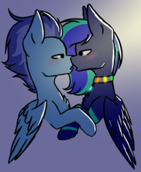 Size: 278x338 | Tagged: safe, artist:yourventilationyt, oc, oc only, oc:crispy, oc:moonstone mark, pony, collar, gay, kissing, male, oc x oc, shipping