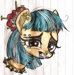 Size: 3040x3072 | Tagged: safe, artist:sharpi, coco pommel, pony, alternate design, bust, lined paper, punk, solo, traditional art