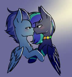 Size: 339x359 | Tagged: safe, artist:yourventilationyt, oc, oc only, oc:crispy, oc:moonstone mark, pony, collar, gay, kissing, male, oc x oc, shipping