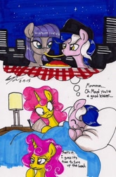 Size: 1087x1646 | Tagged: safe, artist:newyorkx3, maud pie, oc, oc:karen, oc:mikey, earth pony, pony, unicorn, bed, blanket, book, building, canon x oc, cap, city, dream, female, food, hat, husband and wife, kakey, lady and the tramp, lamp, male, night, pasta, pillow, sleeping, table, this will end in sleeping on the couch, unamused