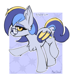 Size: 1061x1100 | Tagged: safe, artist:puetsua, oc, oc:eclipse lim, bat pony, pony, bat pony oc, chest fluff, fangs, female, glasses, lidded eyes, looking at you, raised hoof, raised leg, slit eyes, smiling