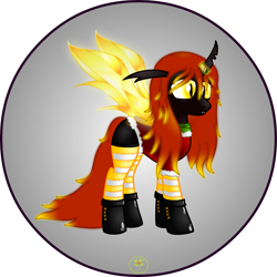 Size: 5000x5000 | Tagged: safe, artist:lakword, oc, oc:rubeencha, changeling, boots, christmas changeling, clothes, female, glow, holiday, outfit, queen, scarf, shoes, smiling, socks, solo, standing, suit, tights, yellow changeling