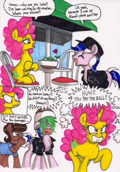 Size: 1382x1970 | Tagged: safe, artist:newyorkx3, oc, oc only, oc:karen, oc:mikey, earth pony, pony, unicorn, angry, bowl, cap, chair, clothes, daisy (flower), female, flower, food, grass, gritted teeth, hat, husband and wife, jacket, kakey, male, restaurant, table, unamused, window