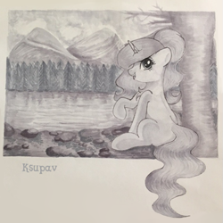 Size: 655x654 | Tagged: source needed, safe, artist:ksupav, oc, oc:ksupav, pony, black and white, cloud, forest, gray background, grayscale, lake, monochrome, mountain, rcf community, rock, simple background, sky, solo, tree