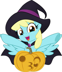 Size: 5000x5777 | Tagged: safe, artist:jhayarr23, sassaflash, pegasus, pony, background pony, cape, clothes, costume, female, halloween, hat, holiday, kissy face, mare, pumpkin, simple background, solo, spread wings, transparent background, wings, witch hat, ych result