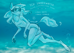 Size: 2755x2000 | Tagged: safe, artist:kentvejaar, alicorn, anthro, bat pony, earth pony, pegasus, unguligrade anthro, unicorn, artwork, blue, blue background, clothes, commission, digital, diving, ocean, one-piece swimsuit, open, simple background, swimming, swimsuit, underwater, your character here