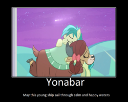 Size: 1075x860 | Tagged: safe, artist:thejboy88, edit, edited screencap, screencap, sandbar, yona, earth pony, pony, yak, she's all yak, bow, cloven hooves, eyes closed, female, hair bow, hug, male, monkey swings, motivational poster, shipping, stallion, straight, yonabar