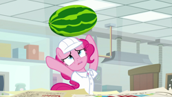 Size: 1920x1080 | Tagged: safe, screencap, pinkie pie, earth pony, pony, the last laugh, female, food, fruit, hooves in air, mare, open mouth, solo, watermelon