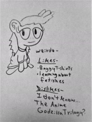 Size: 1350x1792 | Tagged: safe, artist:dex stewart, oc, oc:weirdo, pony, monochrome, solo