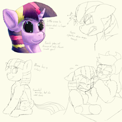 Size: 2750x2750 | Tagged: safe, artist:firefanatic, applejack, twilight sparkle, twilight sparkle (alicorn), alicorn, earth pony, pony, alternate design, angry, arm wrestling, cute, horn, sketch, smiling, smug, sparking horn, writing