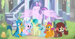 Size: 3902x2043 | Tagged: safe, artist:squipycheetah, gallus, ocellus, sandbar, silverstream, smolder, twilight sparkle, twilight sparkle (alicorn), yona, alicorn, angel, changedling, changeling, dragon, earth pony, griffon, hippogriff, pony, yak, uprooted, crossed arms, crossed hooves, cute, daaaaaaaaaaaw, diaocelles, diastreamies, eyes closed, folded wings, gallabetes, guardian angel, happy, jewelry, large wings, laughing, looking back, looking up, monkey swings, necklace, open mouth, sandabetes, signature, sitting, smolderbetes, sparkles, spirit, spread wings, student six, sweet dreams fuel, teenaged dragon, teenager, transparent, tree of harmony, treehouse of harmony, treelight sparkle, watermark, wings, yonadorable