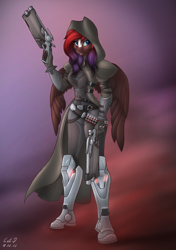 Size: 2400x3400 | Tagged: safe, artist:catdclassic, oc, oc:shaded star, anthro, pegasus, armor, boots, clothes, coat, outfit, overwatch, reaper (overwatch), shoes, smiling, smoke, solo, weapon