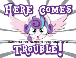 Size: 500x386 | Tagged: safe, artist:samoht-lion, princess flurry heart, alicorn, pony, female, filly, flying, open mouth, smiling, solo, spread wings, sunburst background, text, wings