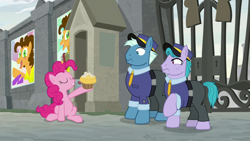 Size: 1920x1080 | Tagged: safe, screencap, cheese sandwich, pinkie pie, earth pony, pony, the last laugh, female, male, mare, security guard, stallion