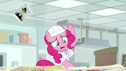 Size: 1920x1080 | Tagged: safe, screencap, pinkie pie, earth pony, pony, the last laugh, female, helmet, mare, open mouth, solo