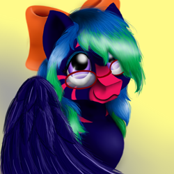 Size: 800x800 | Tagged: safe, artist:auroraswirls, oc, oc only, oc:blackswan, pegasus, pony, bow, glasses, gradient background, hair bow, pegasus oc, smiling, solo, wings