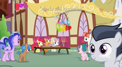 Size: 1179x647 | Tagged: safe, screencap, apple bloom, minuette, mocha berry, rainbow stars, rumble, scootaloo, sea swirl, seafoam, skeedaddle, sweetie belle, tulip swirl, earth pony, pegasus, pony, unicorn, marks and recreation, colt, credits, cutie mark crusaders, cutie mark crusaders flag, discovery family logo, female, filly, male, ponyville