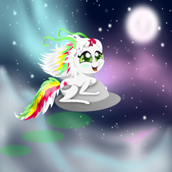 Size: 1000x1000 | Tagged: safe, artist:auroraswirls, oc, oc only, oc:candy starship, aurora borealis, chibi, flying, full moon, moon, night, riding, smiling, solo, stars, ufo