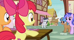 Size: 1181x643 | Tagged: safe, screencap, apple bloom, mocha berry, rumble, scootaloo, sea swirl, seafoam, tulip swirl, earth pony, pegasus, pony, unicorn, marks and recreation, colt, discovery family logo, female, filly, foal, male, mare, ponyville, waving