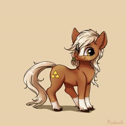 Size: 3200x3200 | Tagged: safe, artist:miokomata, earth pony, pony, carrot, commissioner:darnelg, epona, female, food, mare, mouth hold, ponified, simple background, solo, the legend of zelda, triforce, unshorn fetlocks