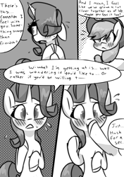 Size: 1024x1458 | Tagged: safe, artist:provolonepone, applejack, rarity, earth pony, pony, unicorn, comic:a sapphic story, applejack's hat, blushing, blushing profusely, comic, cowboy hat, fidgeting, hat, hoof over mouth, implied lesbian, implied rarijack, implied shipping, monochrome, speech bubble