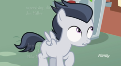 Size: 1179x645 | Tagged: safe, screencap, rumble, pegasus, pony, marks and recreation, colt, credits, discovery family logo, male, solo, trash can