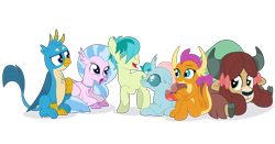 Size: 3902x2043 | Tagged: safe, artist:squipycheetah, gallus, ocellus, sandbar, silverstream, smolder, yona, changedling, changeling, classical hippogriff, dragon, earth pony, griffon, hippogriff, pony, yak, bow, cute, cutie mark, diaocelles, diastreamies, dragoness, female, gallabetes, hair bow, happy, jewelry, laughing, looking back, looking up, male, monkey swings, necklace, open mouth, sandabetes, simple background, sitting, smiling, smolderbetes, student six, teenaged dragon, teenager, transparent background, yonadorable