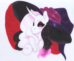 Size: 3397x2809 | Tagged: safe, artist:frozensoulpony, oc, oc:mademoiselle d'hiver, pony, unicorn, bust, female, hat, inktober, mare, offspring, parent:fancypants, parent:fleur-de-lis, parents:fancyfleur, portrait, solo, traditional art, witch hat