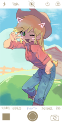 Size: 566x1132 | Tagged: safe, artist:ceitama, applejack, equestria girls, cat ears, cute, iphone, jackabetes, picture, pose, whiskers