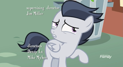 Size: 1179x645 | Tagged: safe, screencap, rumble, pegasus, pony, marks and recreation, colt, credits, discovery family logo, male, solo, trash can