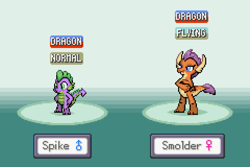 Size: 1200x800 | Tagged: safe, artist:tarkan809, derpibooru exclusive, smolder, spike, dragon, dragoness, duo, female, gameboy advance, male, pixel art, pokemon firered, pokemon red, style emulation