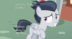 Size: 1179x645 | Tagged: safe, screencap, rumble, pegasus, pony, marks and recreation, colt, credits, discovery family logo, male, solo, trash can