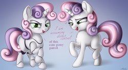 Size: 3100x1700 | Tagged: safe, artist:awalex, sweetie belle, sweetie bot, pony, robot, robot pony, unicorn, assuming direct control, blank flank, chest fluff, dialogue, duality, female, filly, open mouth, s team, self ponidox, smiling