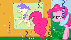 Size: 1280x720 | Tagged: safe, screencap, pinkie pie, earth pony, pony, the ticket master, blindfold, confetti, cute, diapinkes, female, mare, pin the tail on the pony, solo, streamers